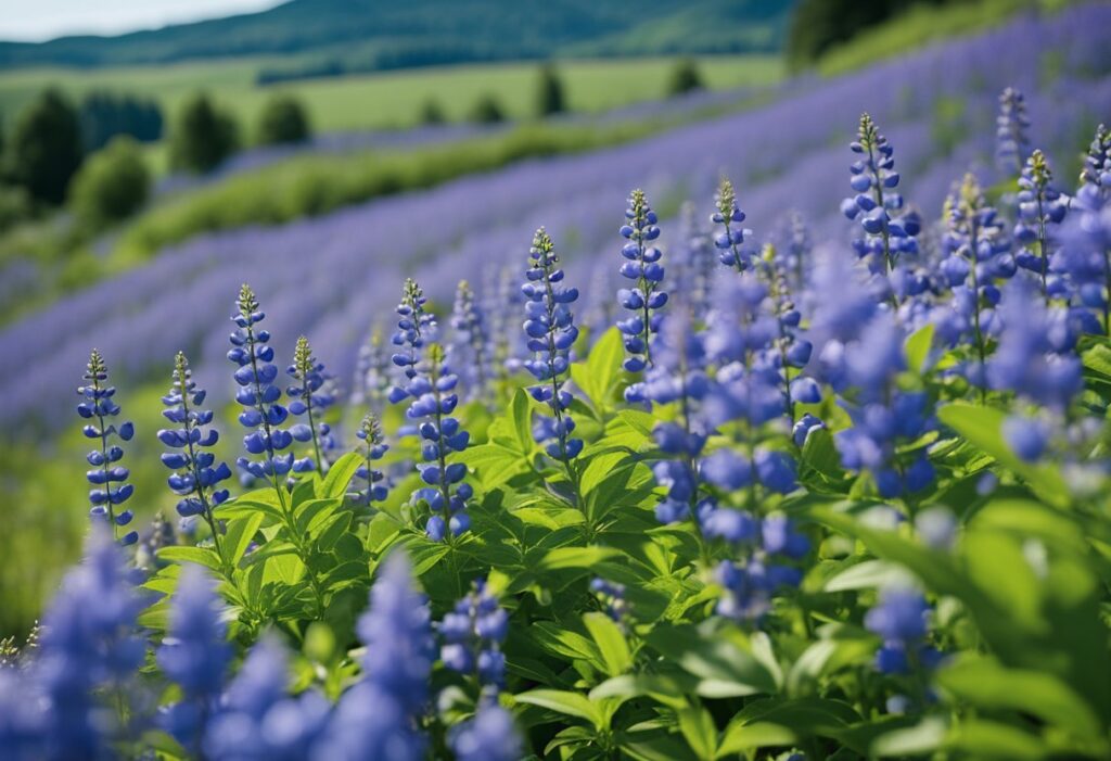 Vibrant lupine fields with lush green foliage and hills.