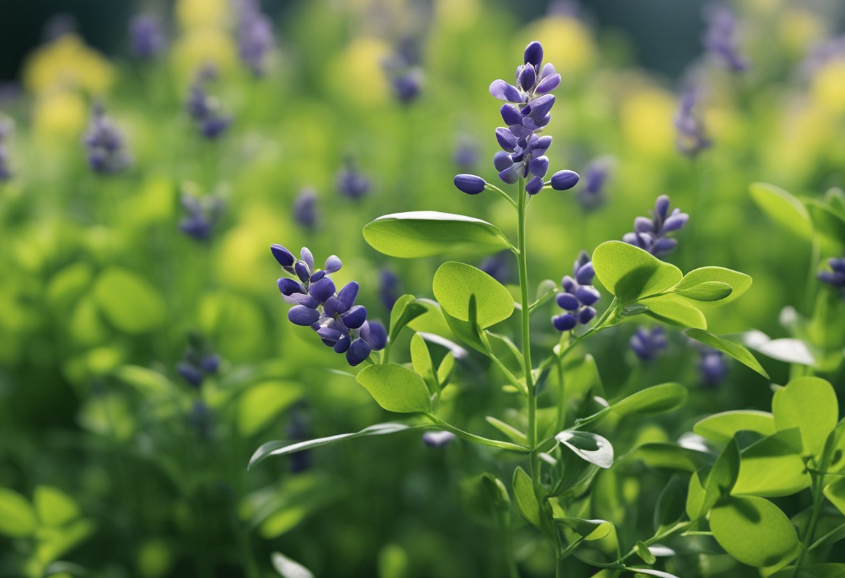 Vibrant blue lupines blooming in lush green field.