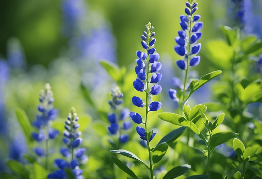 Vibrant blue lupine flowers blooming in sunlight.