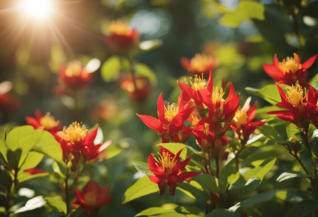 Sunlit red flowers with green leaves background.