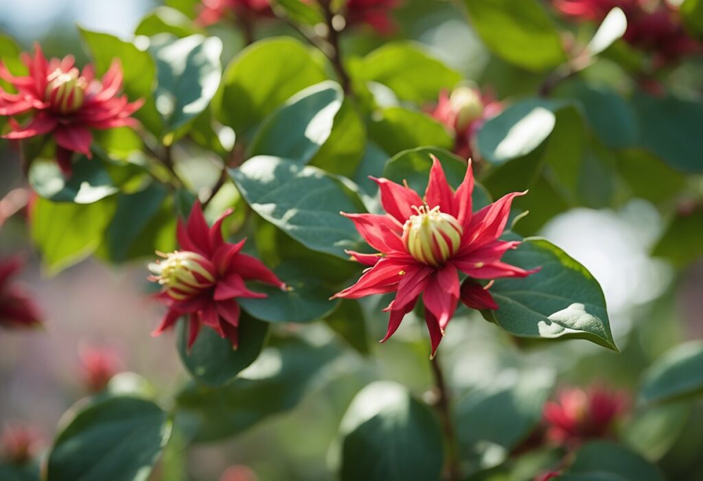 Red star-shaped flowers on green leafy background