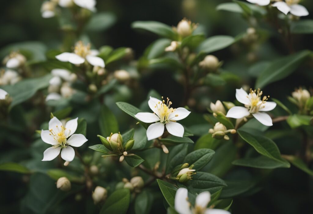 White flowers and buds on green shrub.