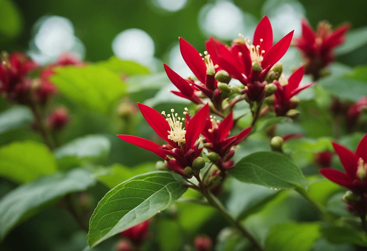 Vibrant red poinsettia blooms against lush green leaves.