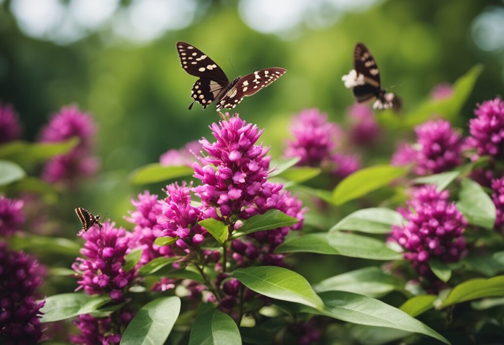 Butterflies fluttering over vibrant purple flowers.