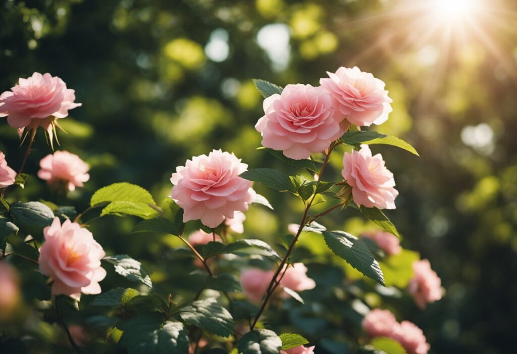 Pink roses blooming under sunlight in garden.