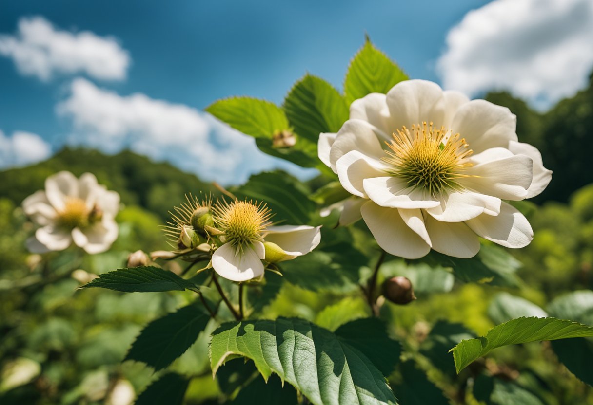 White wild roses in bloom under blue sky.