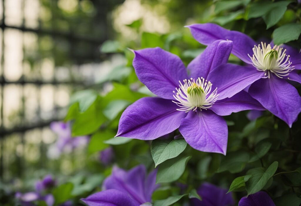 Vibrant purple clematis flowers on lush greenery.