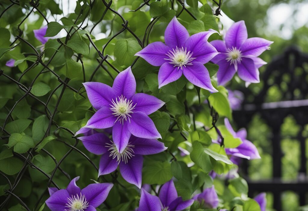 Vibrant purple clematis flowers on a garden fence.