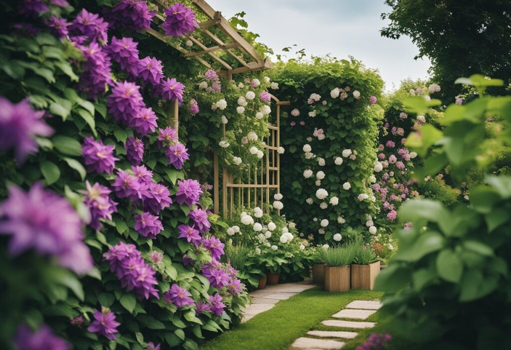 Lush garden pathway with purple clematis and white hydrangeas.