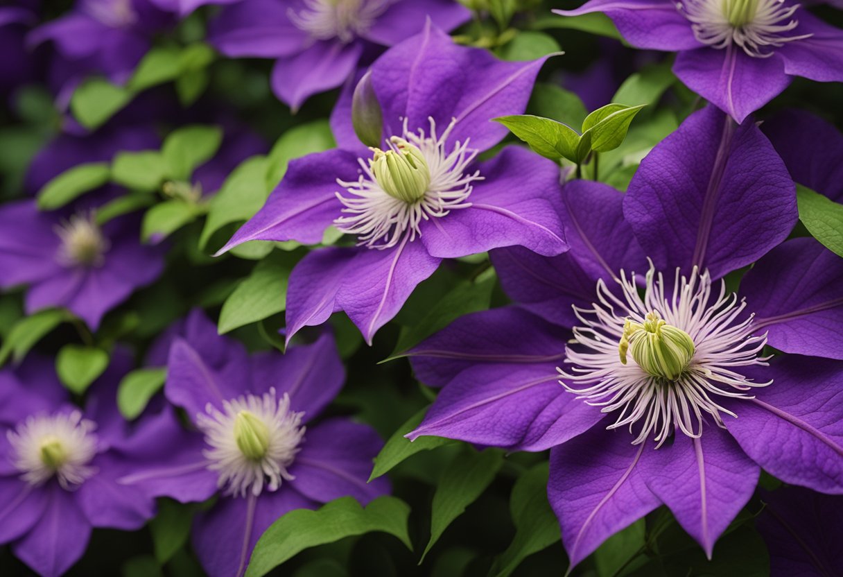 Vibrant purple clematis flowers close-up with green leaves.