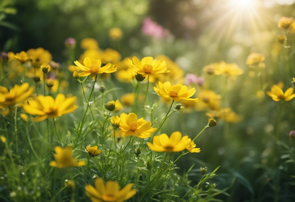 Sunlit yellow flowers blooming in lush field.