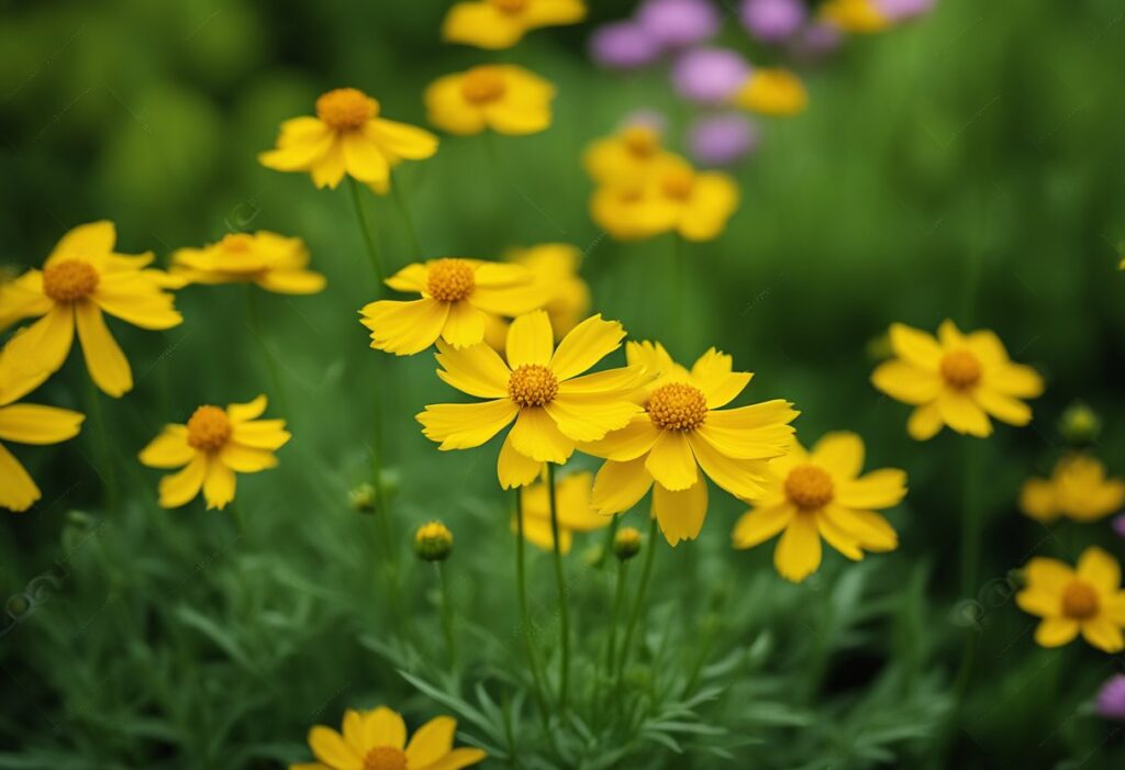 Vibrant yellow daisies blooming in lush garden.