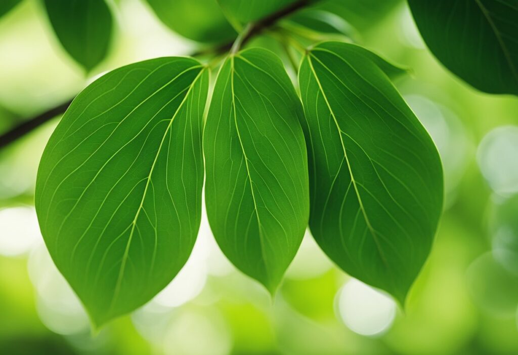 Close-up of lush green leaves in sunlight.
