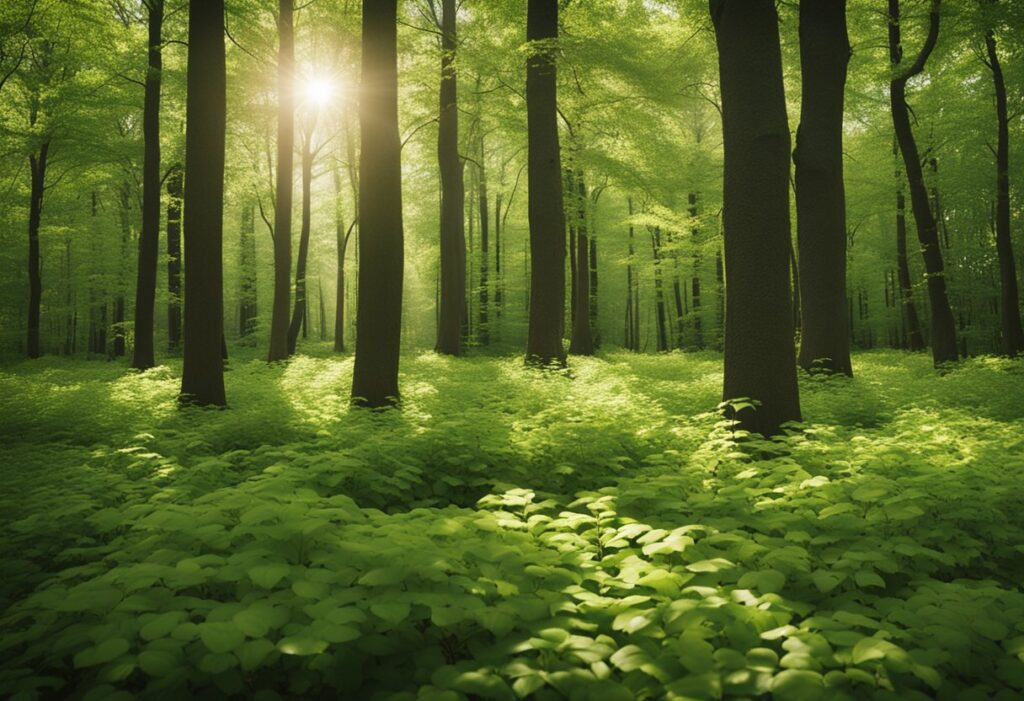 Sunlight shining through lush green forest trees.
