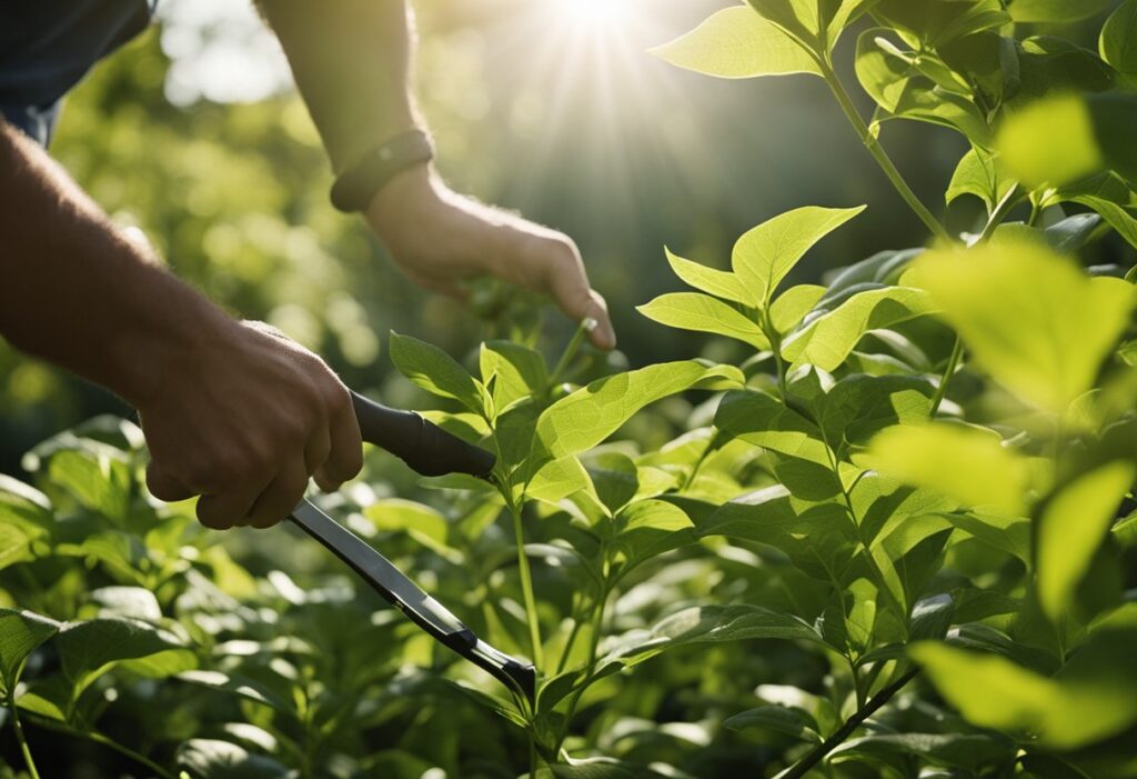 Person pruning lush green plants in sunlight.