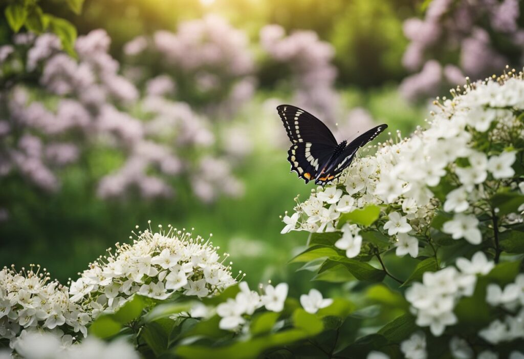 Black swallowtail butterfly on white flowers in lush garden.
