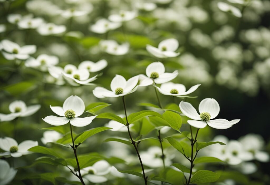 White dogwood flowers blooming in lush green forest.