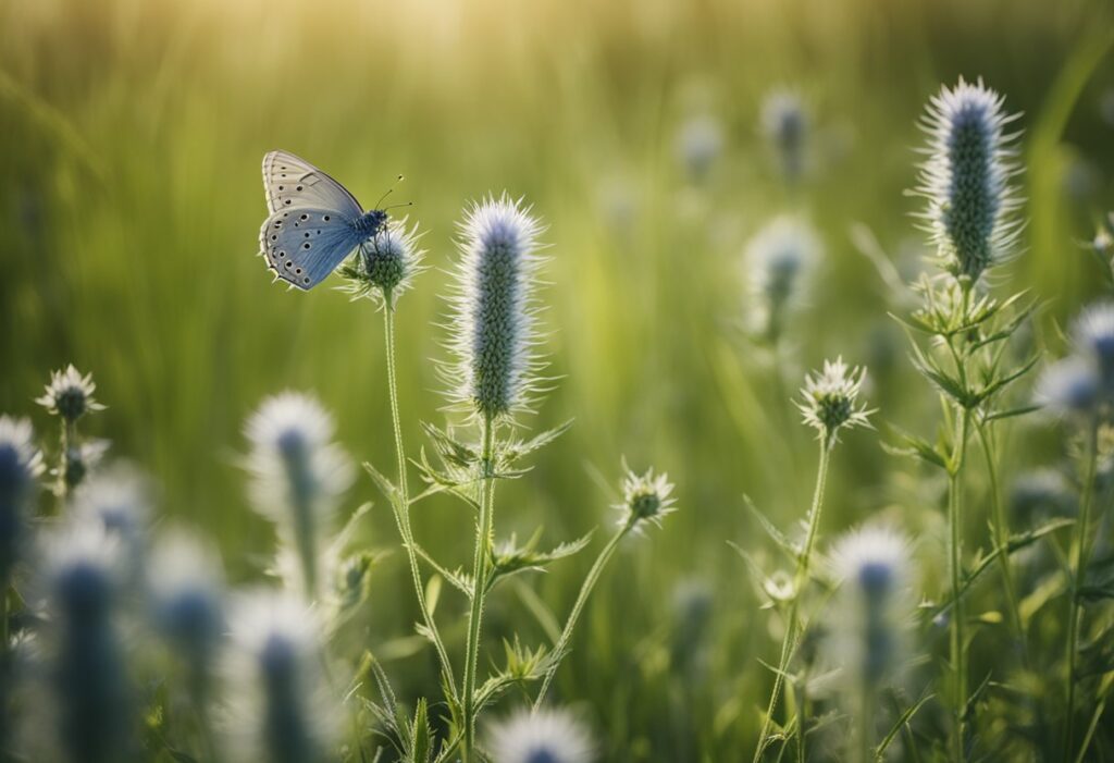 Butterfly on thistle in sunlit meadow.