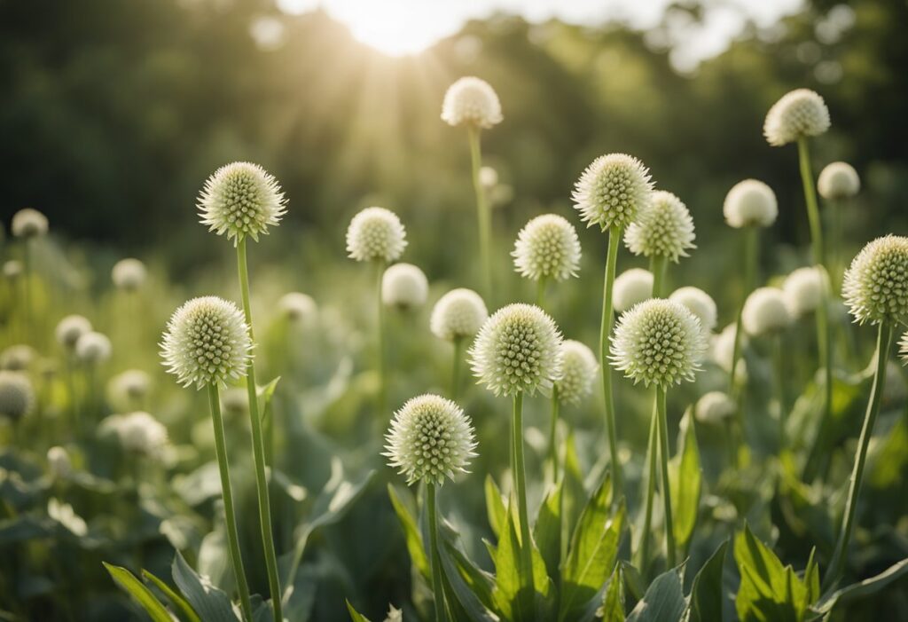 Sunlit white globe flowers in lush green field.