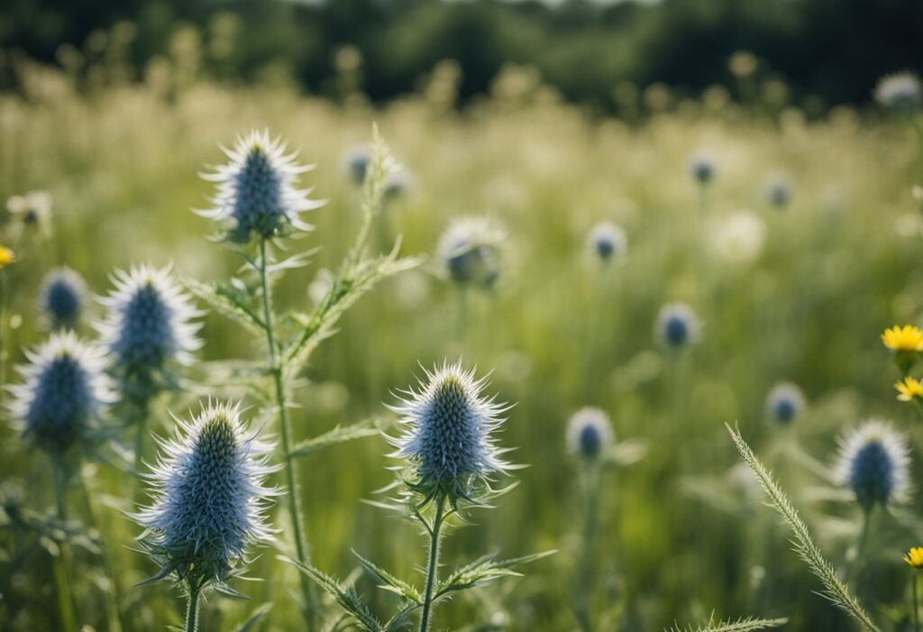 Thistle flowers blooming in sunlit meadow.