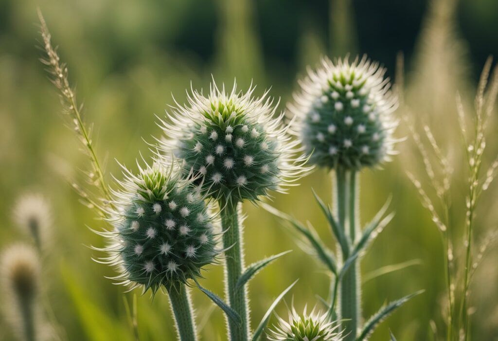 Close-up of thistle flowers in a sunlit field.