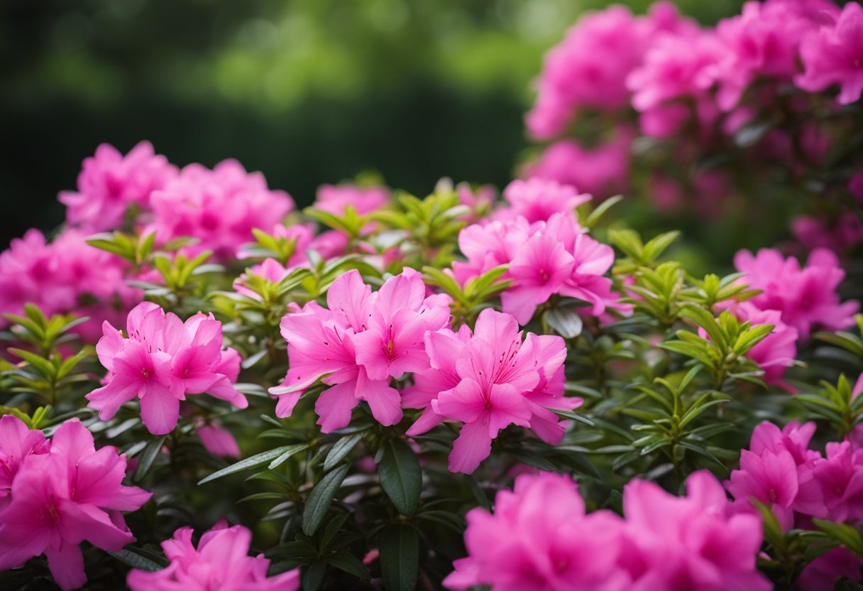 Vibrant pink azaleas blooming in lush garden.