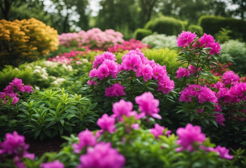 Vibrant pink azaleas blooming in lush garden.