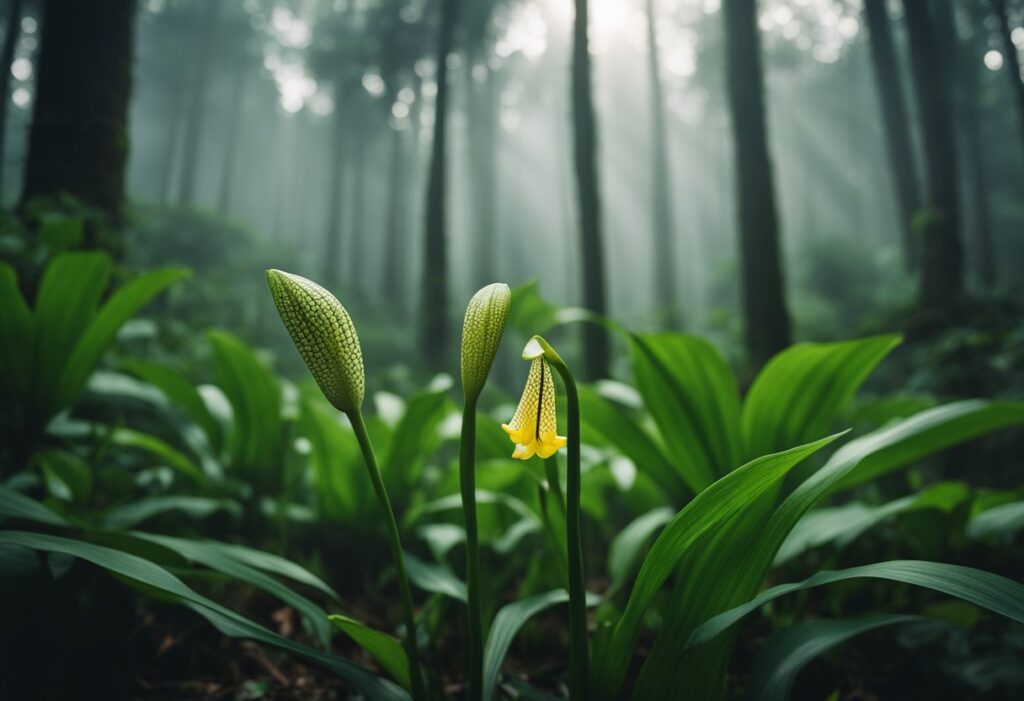 Exotic flowers in misty forest sunlight.