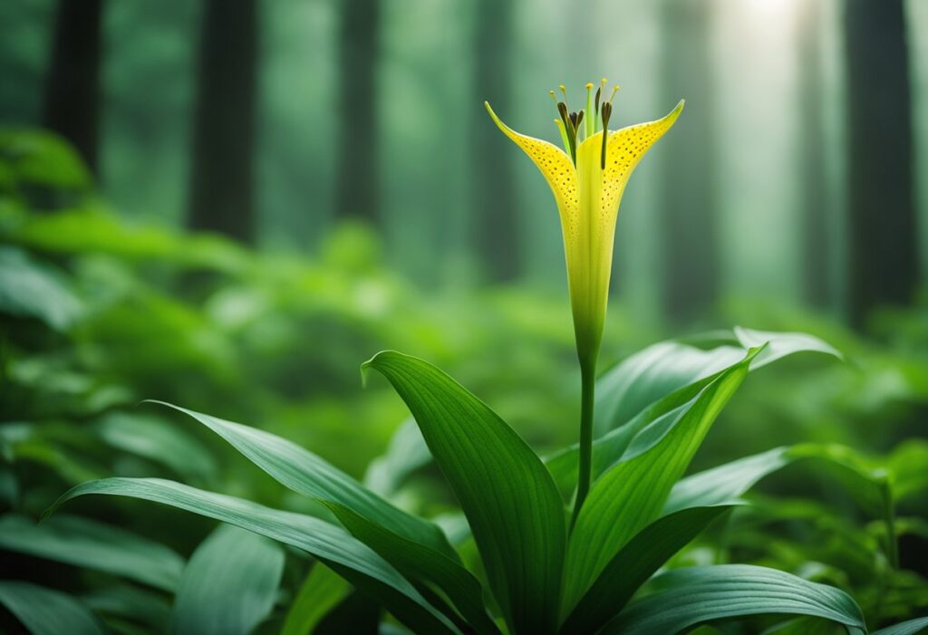 Yellow lily in sunlit misty forest.