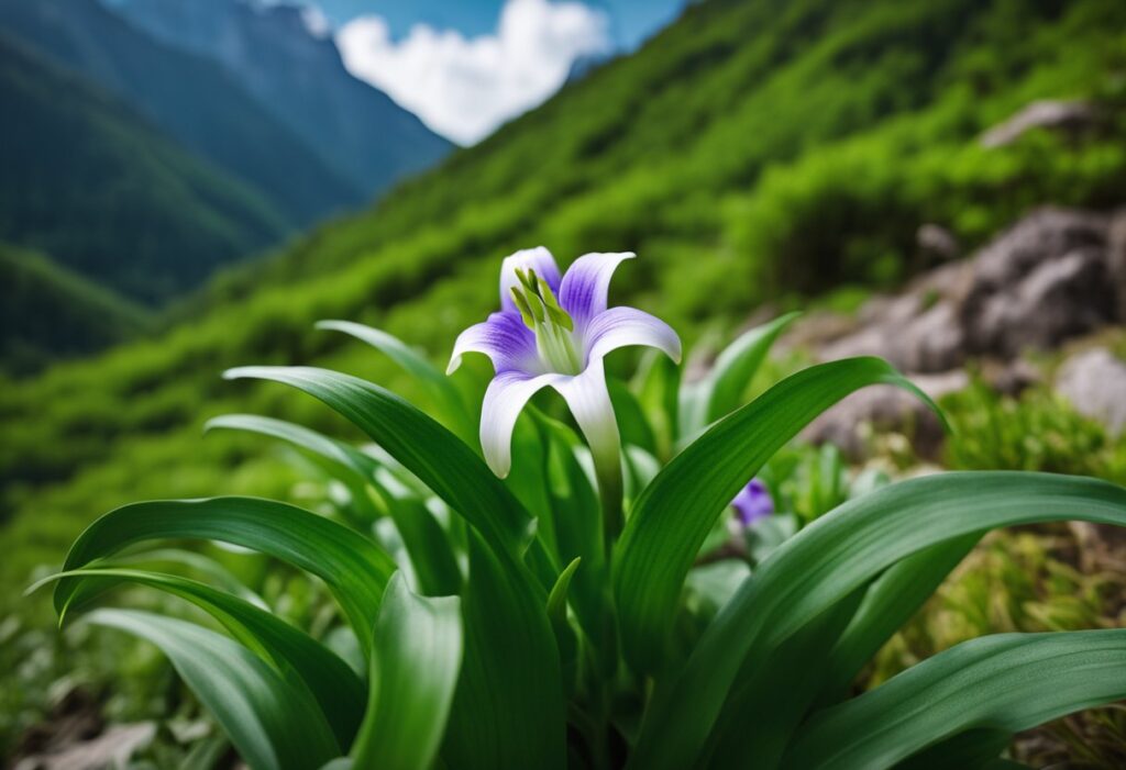 Purple flower in green mountain valley.