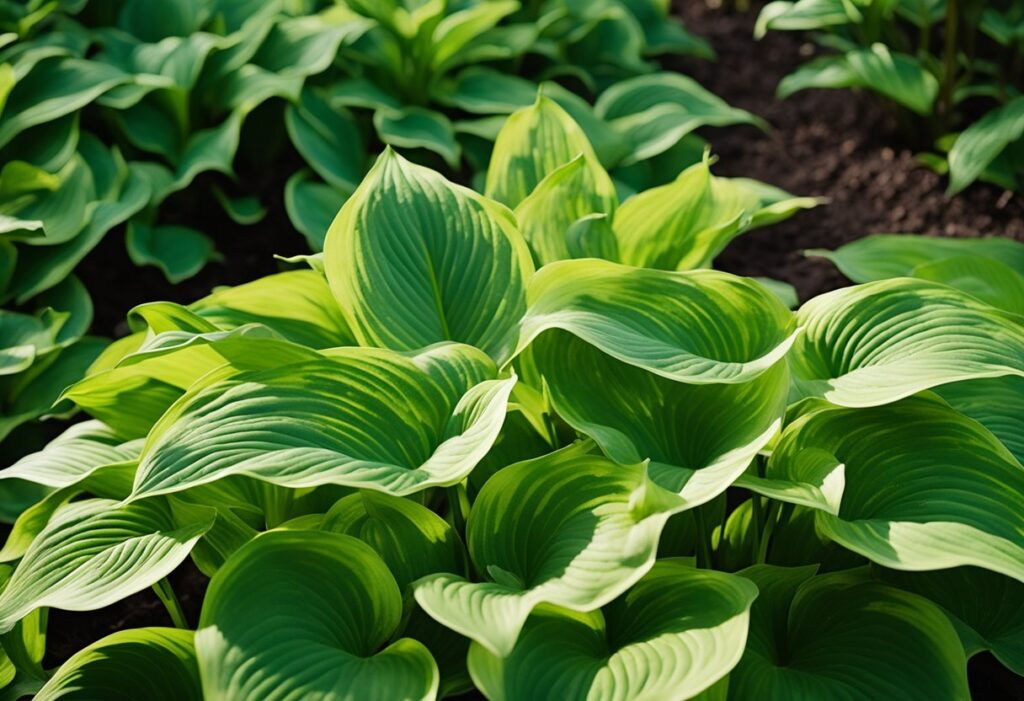 Lush green hosta plants in garden sunlight.