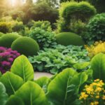 Lush garden with vibrant green topiary and colorful flowers.