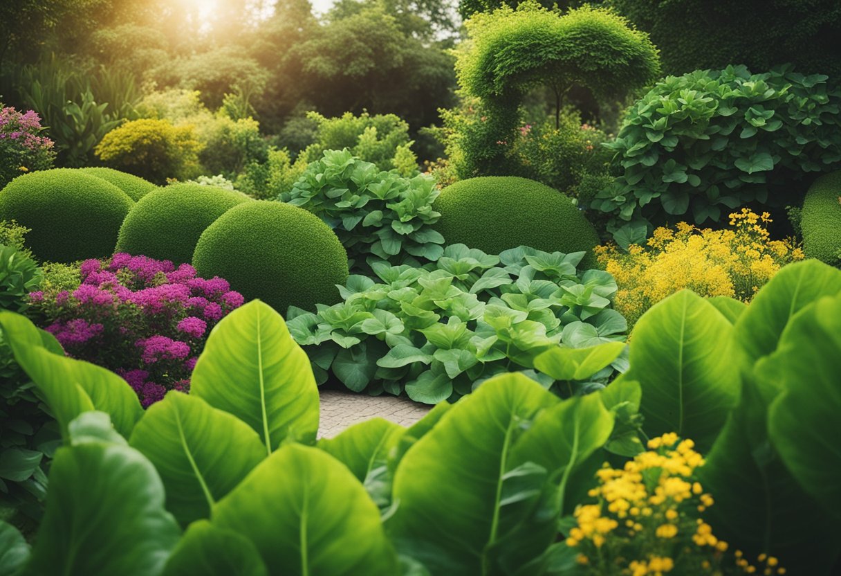 Lush garden with vibrant green topiary and colorful flowers.