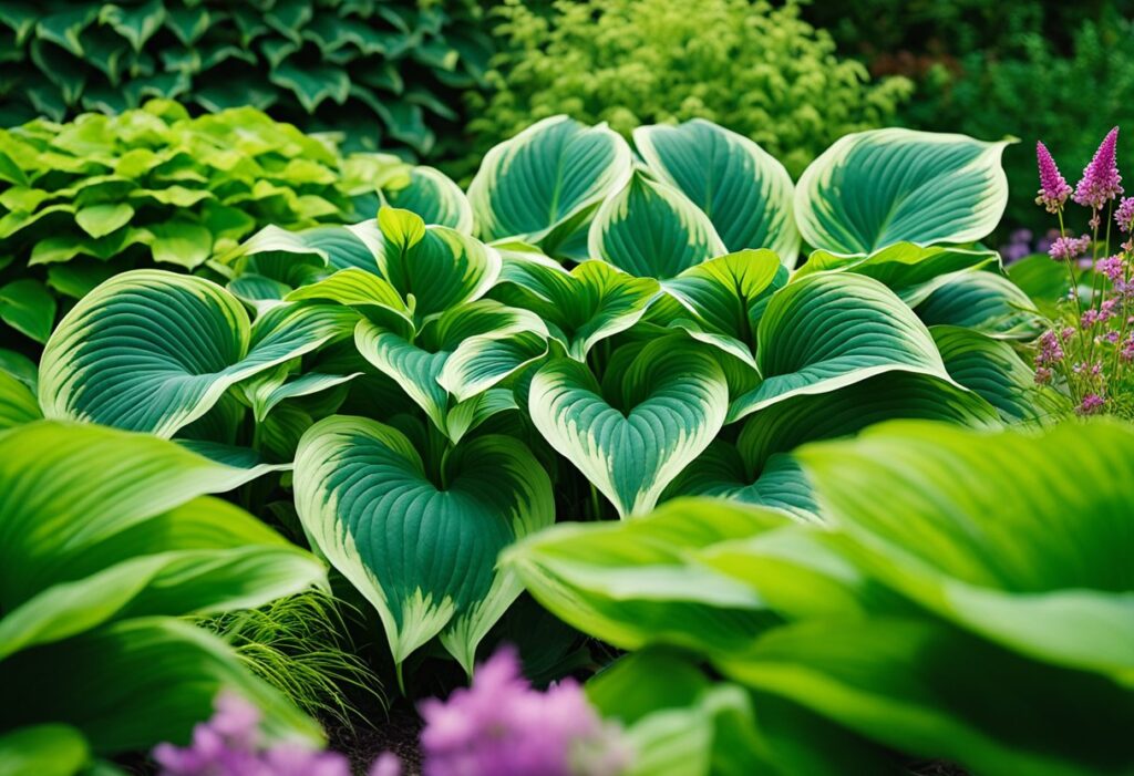 Lush hosta plants in vibrant garden setting.