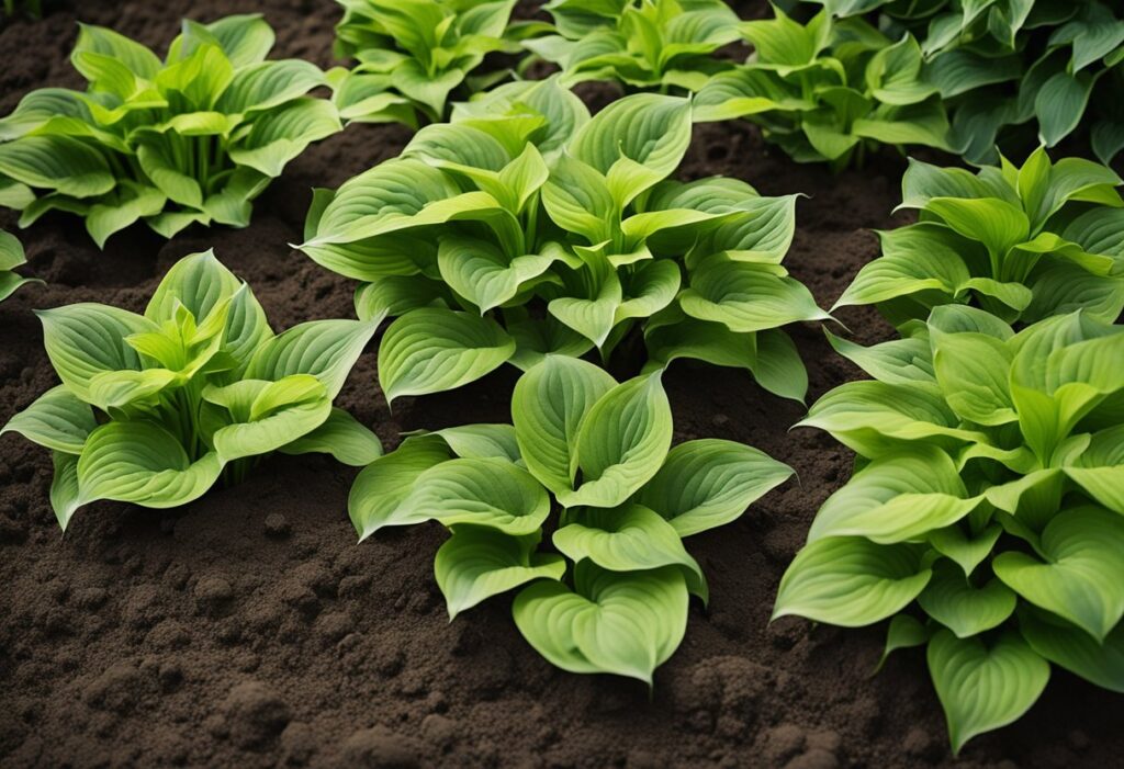 Verdant hosta plants flourishing in rich garden soil.