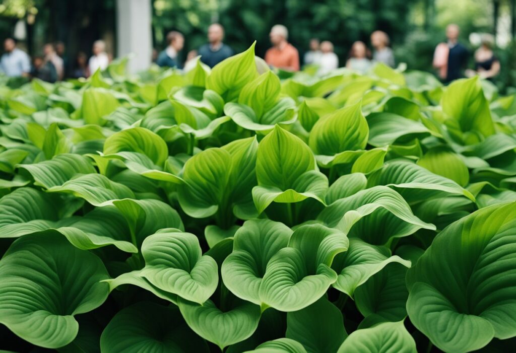 Lush green hosta plants in urban garden gathering.