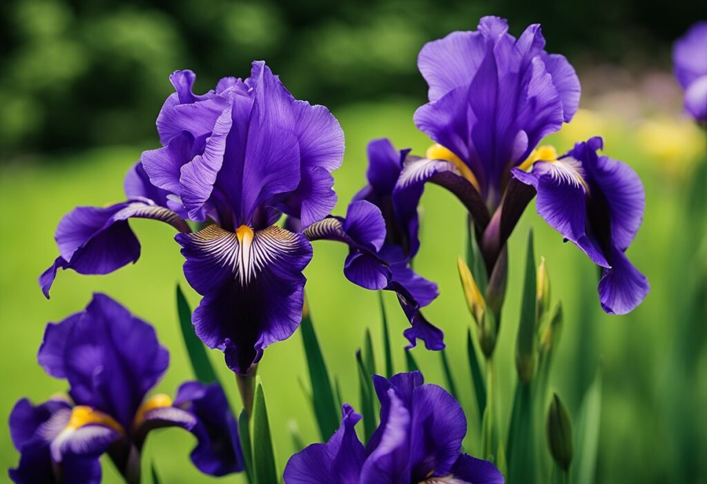 Vibrant purple irises blooming in green garden.