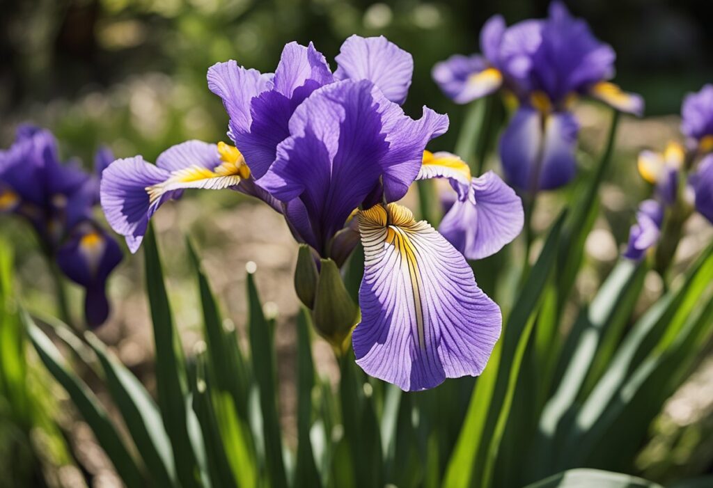 Vibrant purple iris flowers in sunlight.