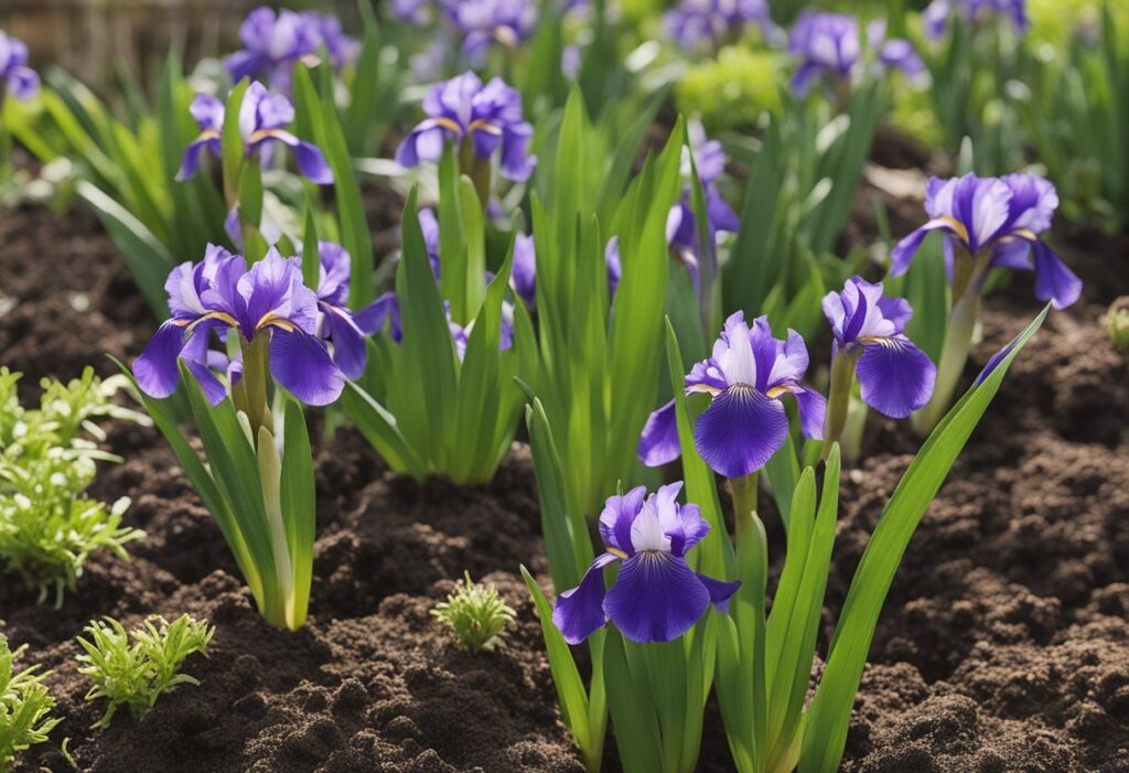 Vibrant purple irises blooming in sunlit garden.