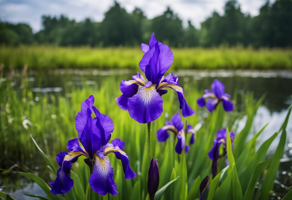 Vibrant purple irises beside tranquil pond.