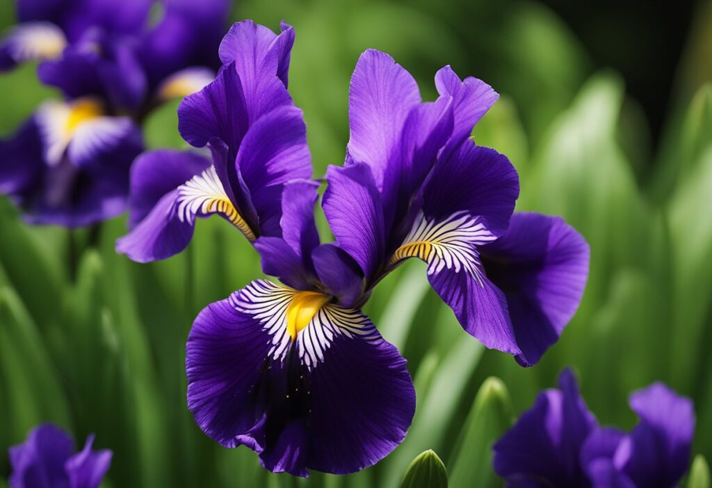 Vibrant purple iris flowers in bloom.