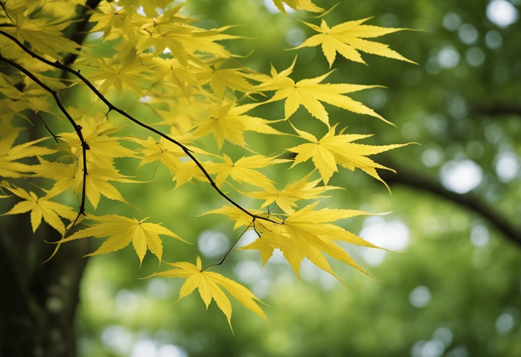 Bright yellow maple leaves against a soft green background.