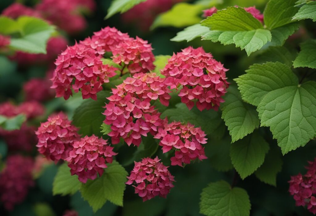 Vibrant pink hydrangea blooms among green leaves.