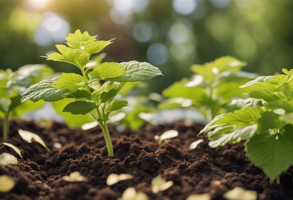 Young plants growing in sunlit garden soil.