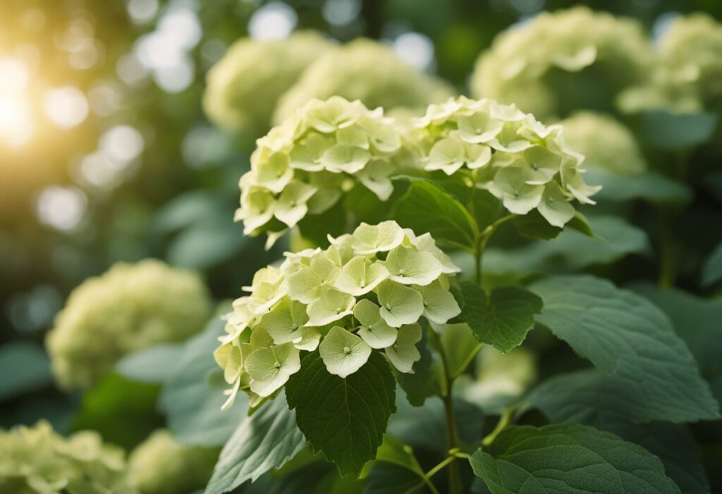 Sunlit hydrangea flowers in lush green garden.