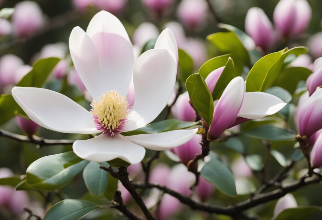 Close-up of blooming magnolia flower with pink hues.