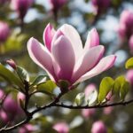 Pink magnolia bloom on branch in sunlight.