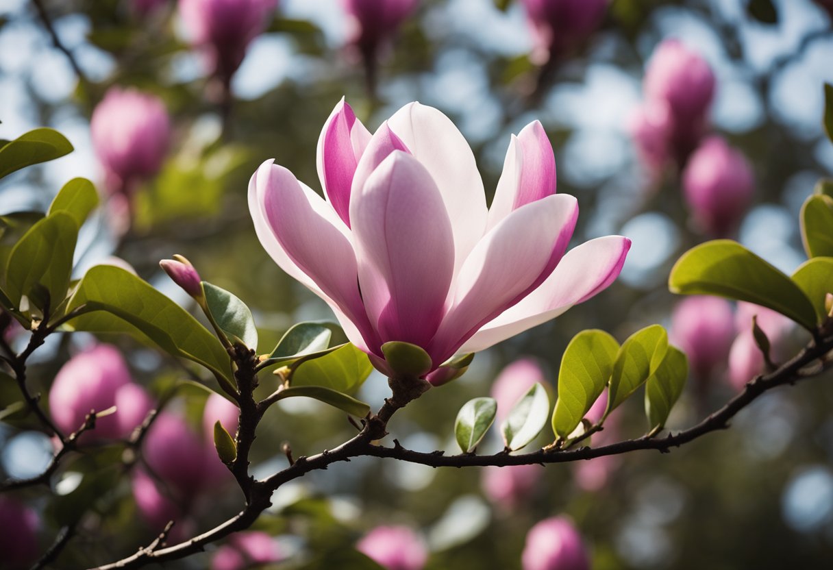 Pink magnolia bloom on branch in sunlight.