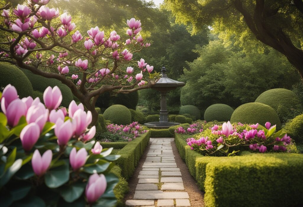 Magnolia trees lining path in manicured garden.