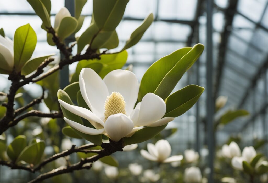 Blooming white magnolia flower in greenhouse.